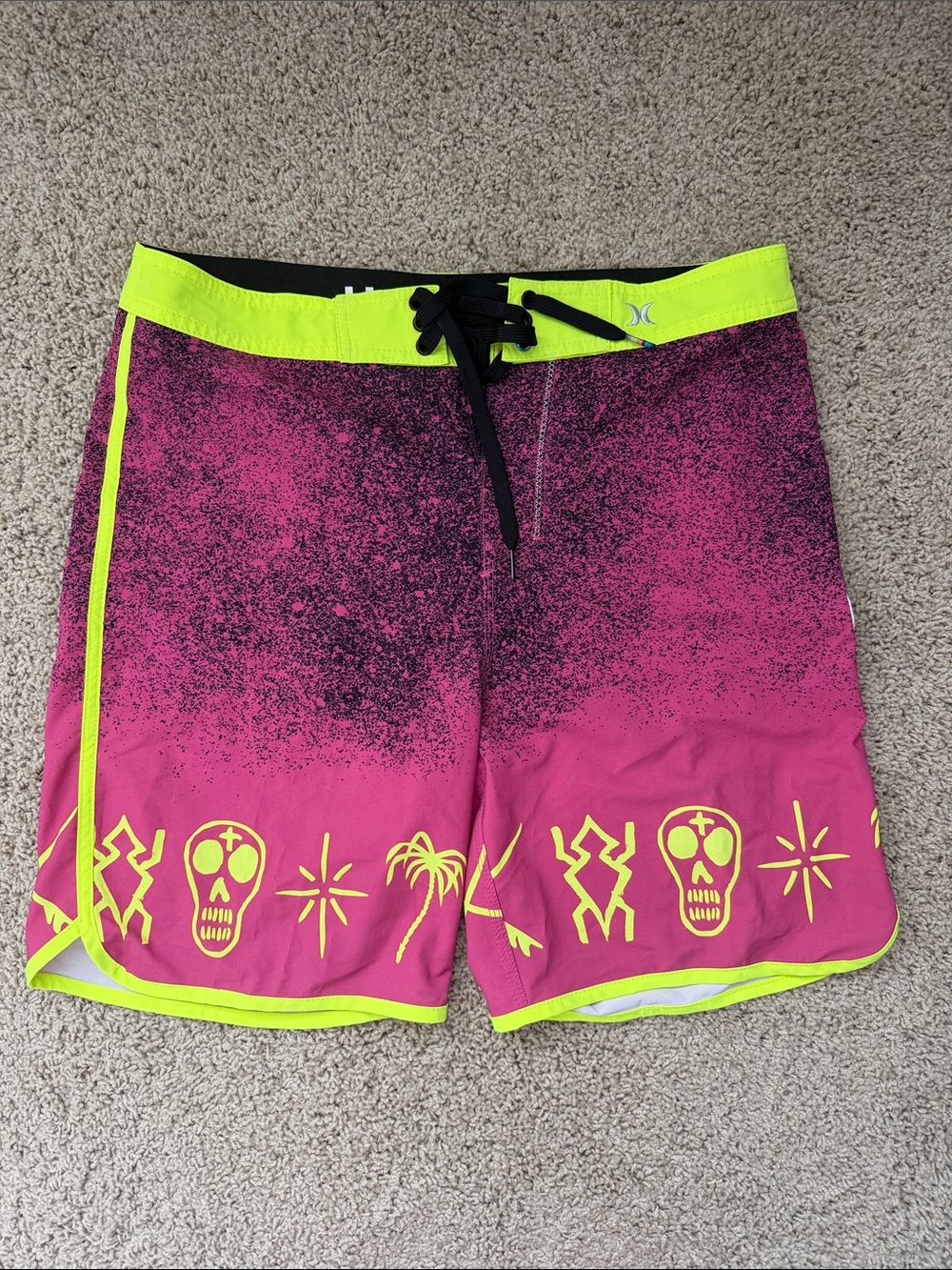 Hurley Men’s Neon Pink Swim Trunks with Yellow Accents